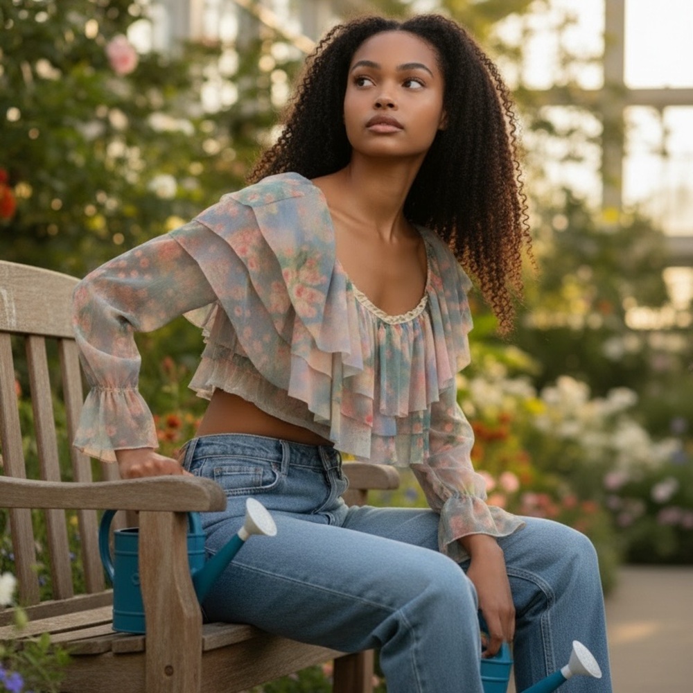 AFRM Floral Ruffle Long-Sleeve Crop Top in Pastel Pink & Blue